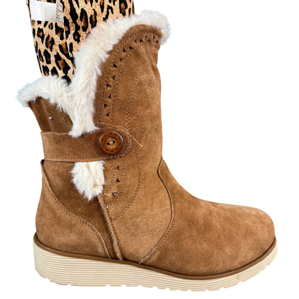 Skechers Womens Tan Suede Faux Fur Trim Button Mid Calf Winter Boots 8